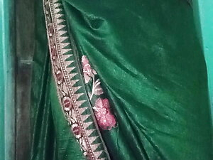 Indian Gay Crossdresser Gaurisissy in Green Saree Pressing Her Big Boobs and Fingering in Her Ass