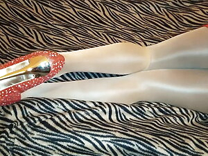 Satin tights, red high heels and red dress