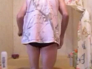 Sexy Small Tits Sissy In Pig Tails Strips & Takes A Shower